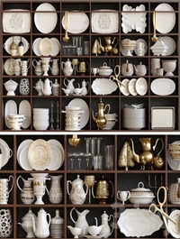 Wardrobe in service. Crockery, porcelain, tray, teapot, gold, kitchen utensils