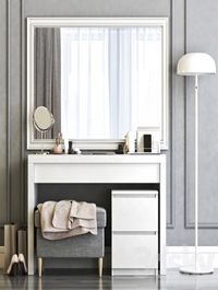 IKEA MALM Dressing Table with SONGE wall mirror and Strandmon Gray Ottoman
