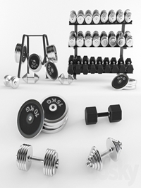 A set of sports dumbbells and pancakes on the racks