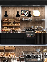 Cafe with pastries and desserts. Coffee house design project. Sweets