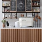 Design project of a cafe in ethnic style with a coffee machine and accessories on the shelves
