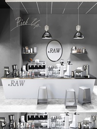 Minimalist coffee shop design. Coffee, coffee maker, coffee machine, grinder, lamp, bar, bar counter, coffee, coffee beans