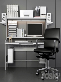 Collection of office furniture for home and stationery. Computer, table and chair