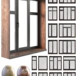 A set of plastic windows with wooden trim.