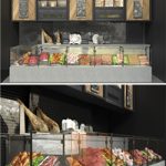 Showcase in a supermarket with semi-finished products and meat. Food