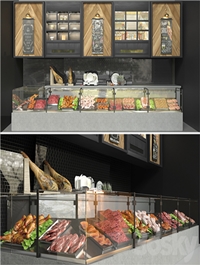 Showcase in a supermarket with semi-finished products and meat. Food