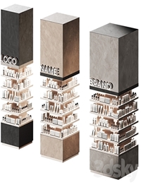 Columns of racks with trade products. Square showcase with cosmetics. Island of Pharmaceutical Products.