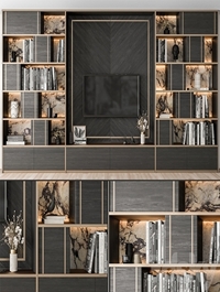 TV Wall Black Wood with Stone Slab - Set 32
